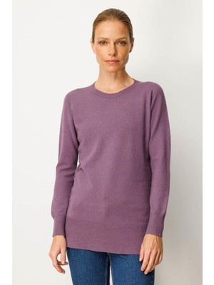 Kadın Sıfır Yaka Dikişsiz Yanları Düğmeli Simli Kazak Mor