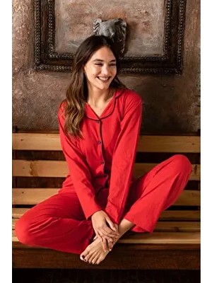 Kırmızı Renk Biyeli Pamuklu Gömlek Uzun Kol Pijama Takımı