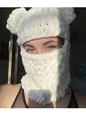 Şık Beyaz Puffy Kar Maskesi, Yumuşacık, Bere ve Boyunluk Tasarım, Şapka, Kış, Bere,balaclava