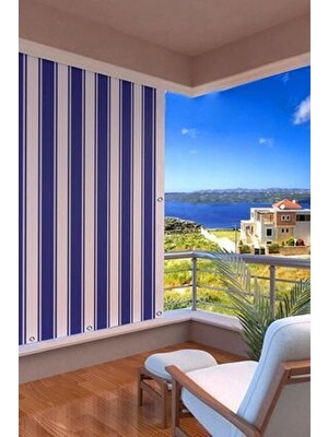 setekshome Kalın Düğmeli Mavi-Beyaz Balkon Perdesi 280 x 250 cm Pamuk Kumaş Çizgili Desen Hediyeli