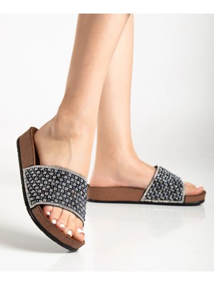 3643 Siyah Taş Detaylı Ortopedik Rahat Kadın Günlük Terlik