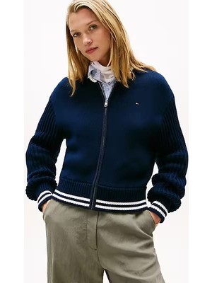 Kadın Regular Fit Çizgili Ribanalı Triko Bomber Ceket - Lacivert