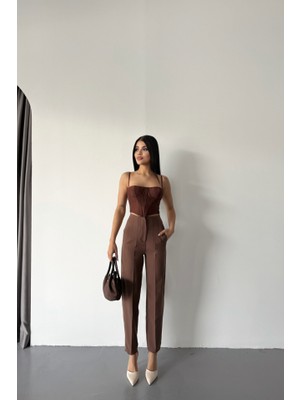 Pantolon Pensli Atlas Kumaş - Kahverengi