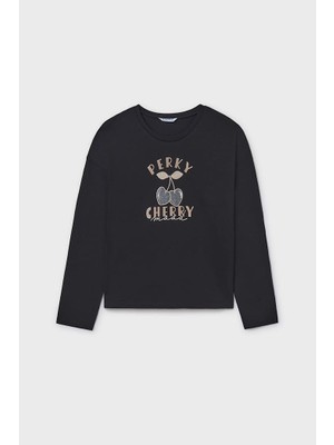 Kız Çocuk Simli Kiraz Baskılı Uzun Kollu T-Shirt - Siyah