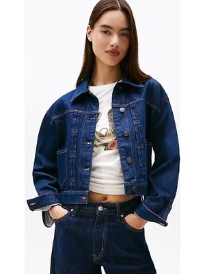 Kadın Regular Fit Pileli Kısa Kot Ceket - Lacivert