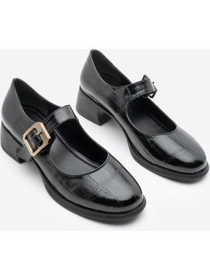 Marjin Kadın Tokalı Kalın Topuk Günlük Ayakkabı Loafer Meniz Siyah Croco