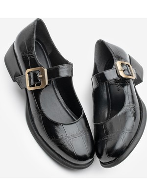 Marjin Kadın Tokalı Kalın Topuk Günlük Ayakkabı Loafer Meniz Siyah Croco