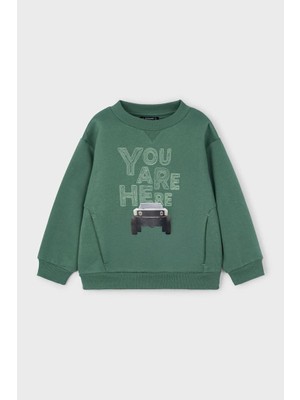 Erkek Çocuk Araç Baskılı Cepli Sweatshirt - Yeşil