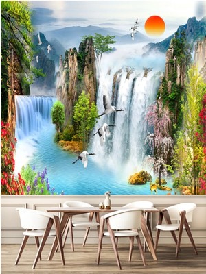 Şelale Duvar Kağıdı, Deniz, Kuşlar, Doğa, Çiçekler, Manzara, Tek Parça, Tekstil Duvar Kağıdı