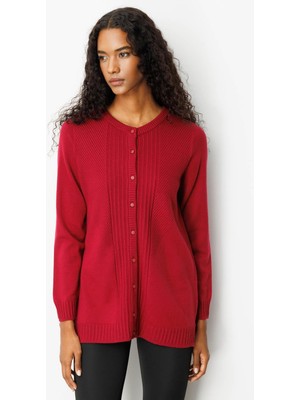 Kadın Sıfır Yaka Önü Uzun Çizgili Biriktirmeli Hırka Vişne