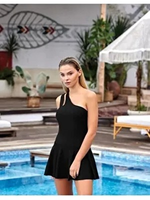 Kadın Siyah Tek Askı Etekli Mayo