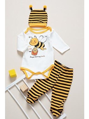 CEREN'S Arı Baskılı Yenidoğan Hastane Çıkışı Unisex 3'lü Set Eğlenceli Tasarım