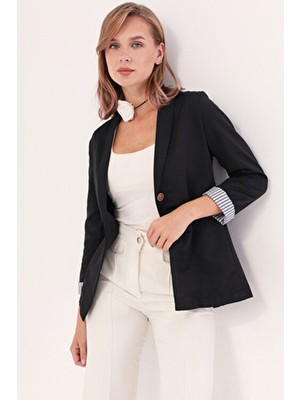 Armonika Kadın Siyah Tek Düğmeli Ceket ARM-22K001122 Uzun Kol Düz Desenli Dokuma Günlük Stil