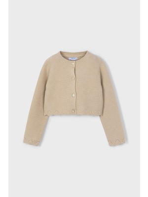 Kız Çocuk Simli Ajur Detaylı Kısa Triko Hırka - Bej