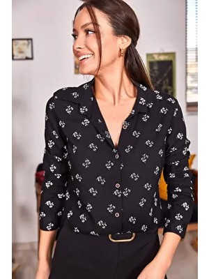 Kadın Siyah Çiçek Desen Uzun Kol Gömlek ARM-22K001063