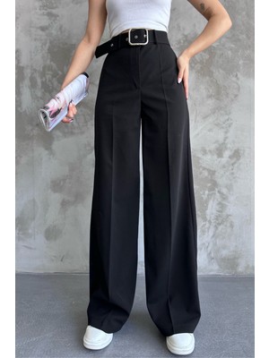 Kadın Yüksek Bel Kemerli Bol Paça Palazzo Pantolon Siyah Siyah / M