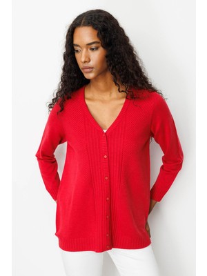 Kadın V Yaka Önü Uzun Çizgili Biriktirmeli Hırka K.kırmızı