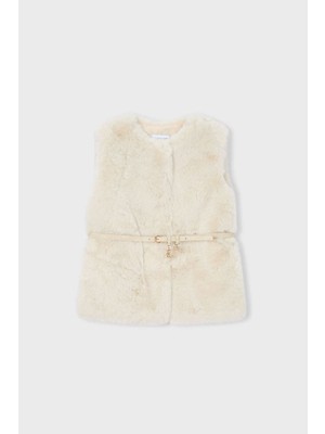 Kız Çocuk Kemerli Pelüş Yelek - Kum