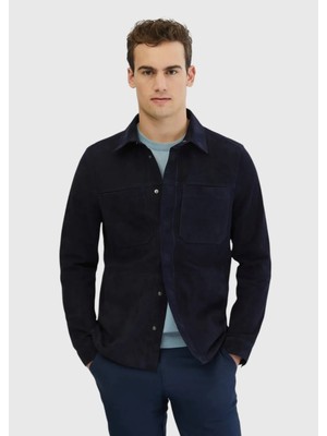 Lacivert Regular Fit Gömlek Yaka Casual Deri Mont