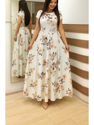 Kadın Kısa Kollu Bisiklet Yaka Puantiyeli Maksi Örme Krep Elbise