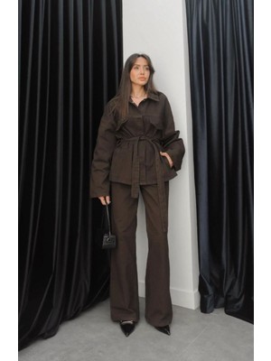 Kadın Denim Kahverengi Cep Detaylı Ceket Pantolon Takım