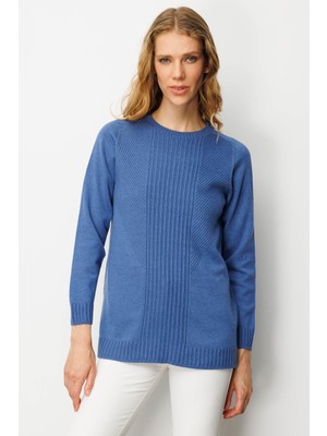 Kadın Sıfır Yaka Önü Çizgili Örgü Kazak Indigo