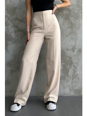 Macharel Jeans Kadın Krem Yüksek Bel Palazzo Pantolon Lastiksiz Pamuk - Polyester Kumaş Model