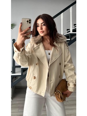 Taş Yakası Çıkarılabilir Kürklü Trençkot