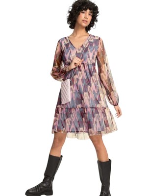 Kadın V Yaka Uzun Kol Rahat Kalıp Desenli Tül Elbise