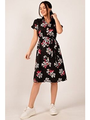 Kadın Siyah Büyük Çiçekli Beli Kemerli Kısa Kol Gömlek Elbise ARM-22Y001007