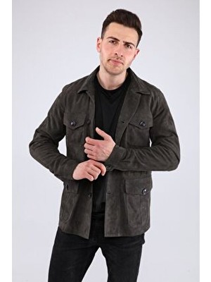 Safari Düğmeli Hakiki Deri Antrasit Erkek Süet Ceket