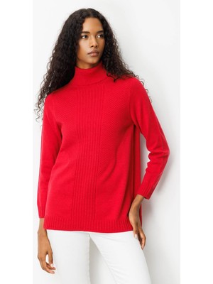 Kadın Tam Balıkçı Yaka Önü Uzun Çizgili Kazak K.kırmızı