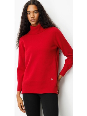 Kadın Tam Balıkçı Yaka Yanı Yırtmaçlı Yün Kazak K.kırmızı