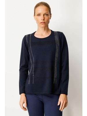 Kadın Sıfır Yaka Sim Çizgili Taşlı Yün Bluz K.lacivert