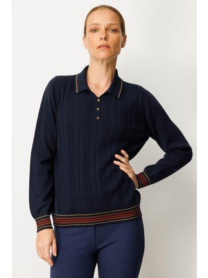 Kadın Polo Yaka Simli Çizgili Yün Bluz K.lacivert
