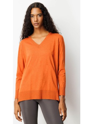 Kadın V Yaka Önü Arkası Yırtmaçlı Kazak Turuncu