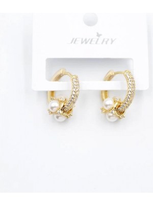 Incili Taşlı Halka Küpe - Altın