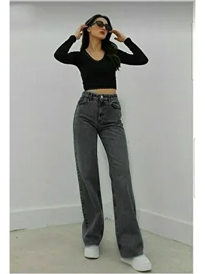 Talu Kül Gri Kar Likralı Süper Yüksek Bel Salaş Jeans Palazzo Pantolon