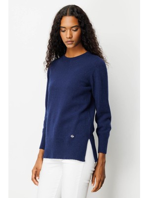 Kadın Sıfır Yaka Yanı Yırtmaçlı Yün Kazak Y.a Lacivert