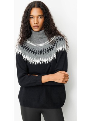 Kadın Tam Balıkçı Yaka Robası Baklavalı Yün Kazak Siyah