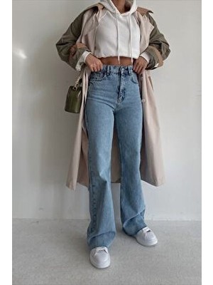 Ciqulata Kadın Ekstra Yüksek Bel Wide Leg Mavi Jean Pamuk - Elastan Materyal ile Günlük Stil
