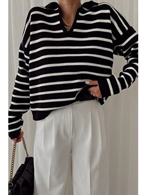 My Love Butik Kadın Polo Yaka Çizgili Triko Kazak Siyah Renk ile Günlük Kullanım İçin