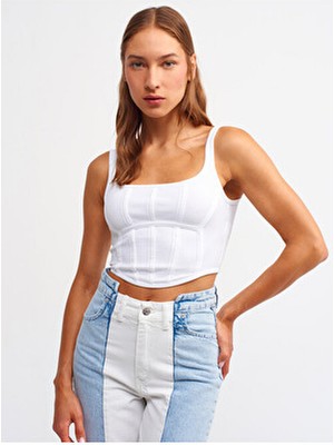 Dilvin Korse Top Beyaz Askılı Slim Kalıp Havuz Yaka Elastan Kadın Bluz