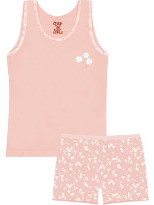 Öts Kız Çocuk Atlet Boxer Likralı Somon Çiçekli (%96 Pamuk - %4 Elastan)