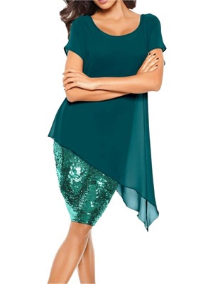 Kadın Eteği Pullu Üstü Şal Şifon Yakalı Şık Büyük Beden Yarım Kol Gece Abiye Elbise