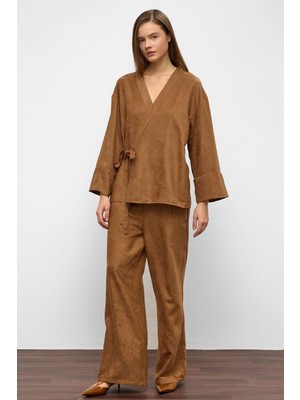 Önü Bağlamalı Süet Görünümlü Kimono Ikili Takım Kamel 9366-TK