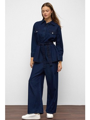Geniş Paça Pantolon Denim Ikili Takım Koyu Mavi 9379-TK