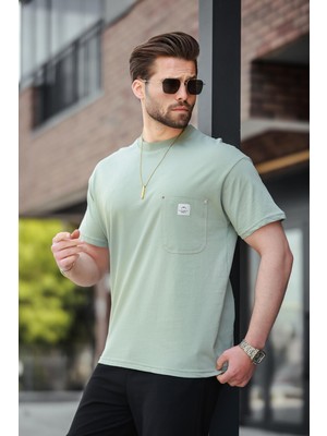 Mint Yeşili Cepli Bisiklet Yaka Basic Tişört E7149