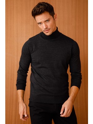 Desen Triko Erkek Basic Tam Balıkçı Ince Triko Kazak Siyah