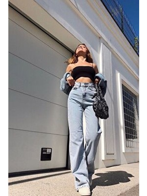 Mery Power Likralı Kadın Açık Mavi Kar Yıkama Yüksek Bel Salaş Paça Denim Kot Pantolon LVK-001040A